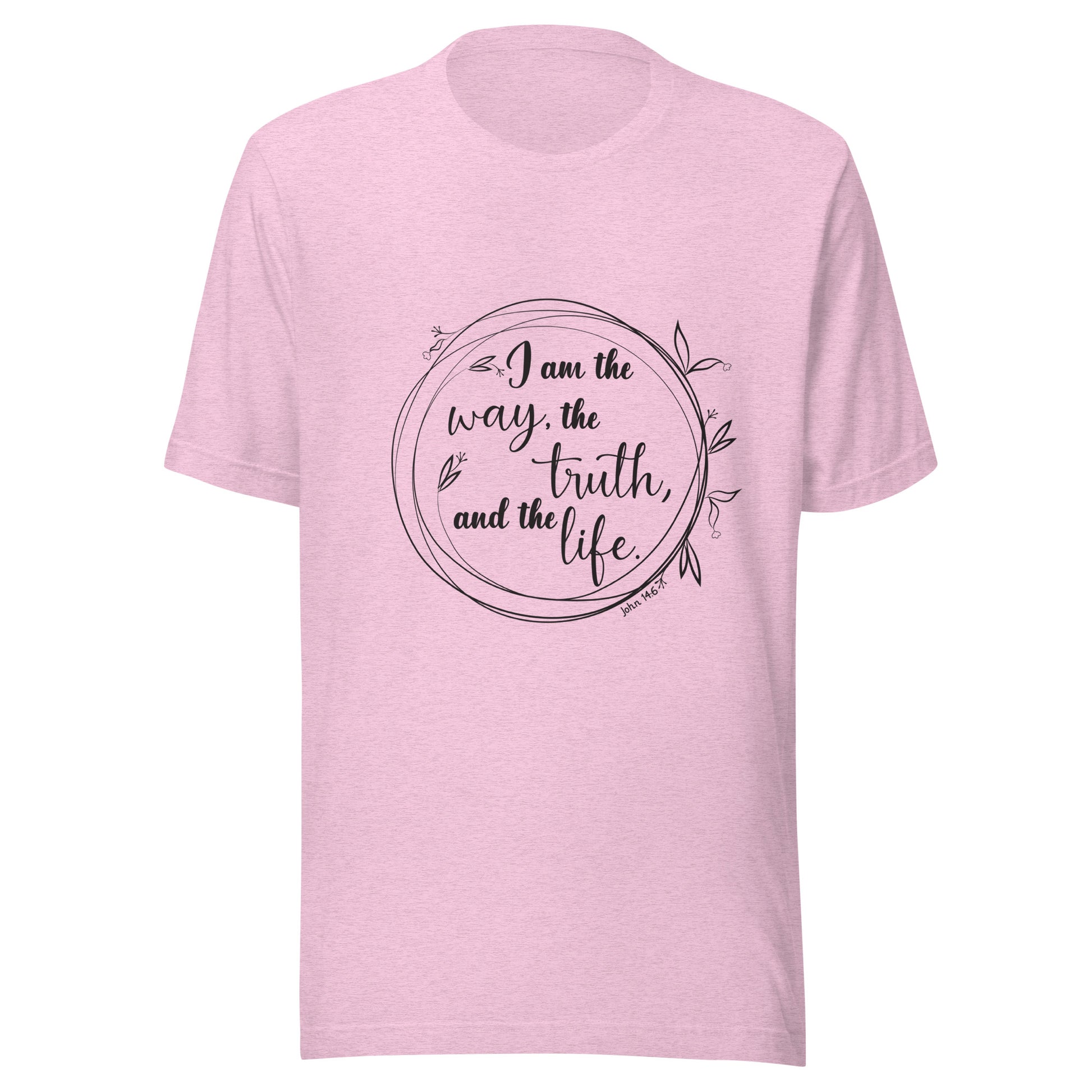 Heather lilac unisex short sleeve t-shirt with John 14:6 scripture written in a viney circle.
