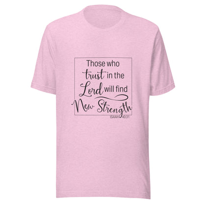 Heather lilac unisex short sleeve t-shirt with Isaiah 40:31 scripture written in a square.