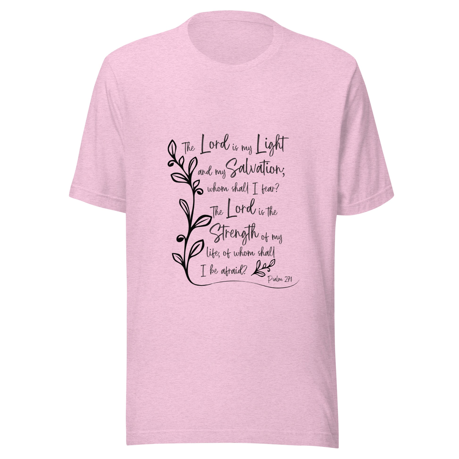 Heather lilac unisex short sleeve t-shirt with Psalm 27:1 scripture with a vine up one side of the words.