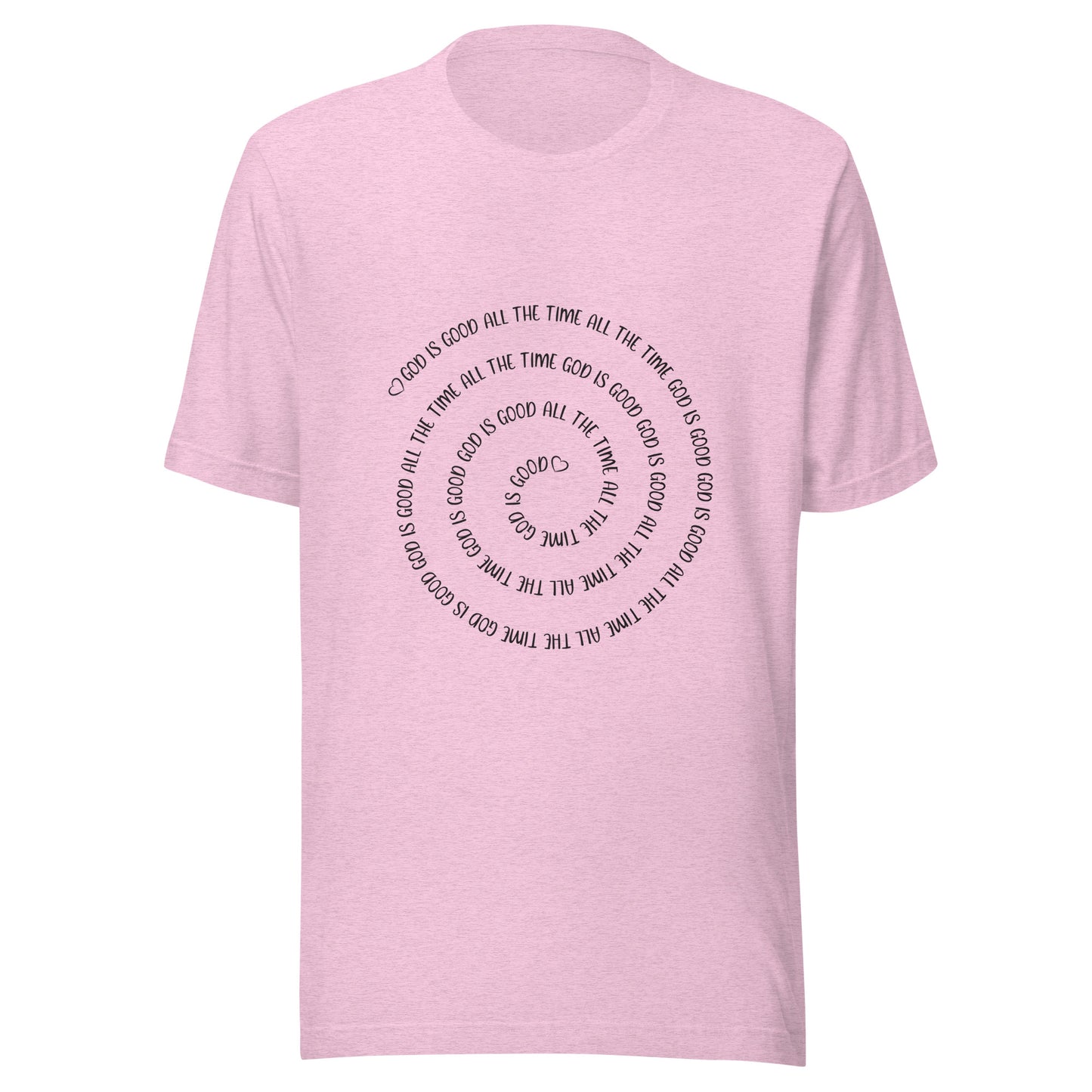 Heather lilac short sleeve t-shirt that has a spiral of the words 'God is good all the time all the time God is good', with two small hearts one at the start of the spiral and one at the end in the middle.