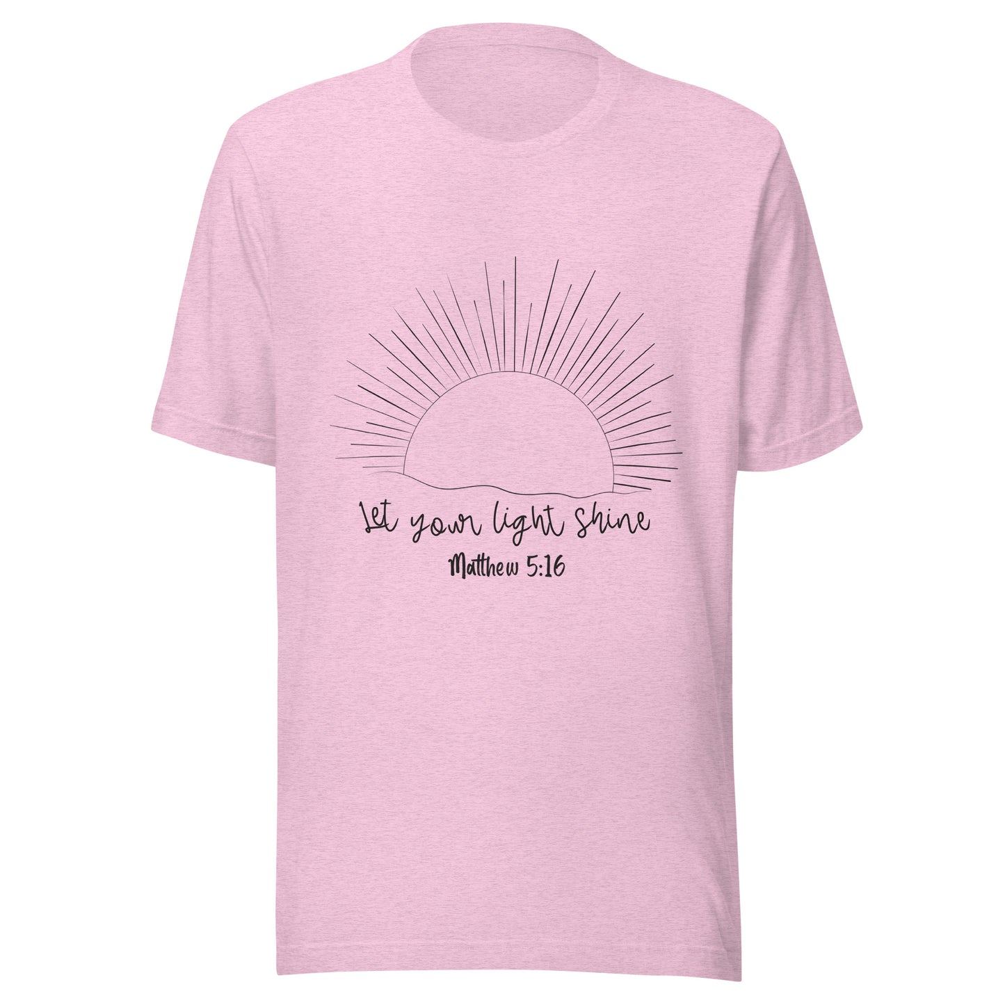 Heather lilac unisex short sleeve t-shirt that has a sun with many rays and underneath says 'Let your light shine', Matthew 5:16.