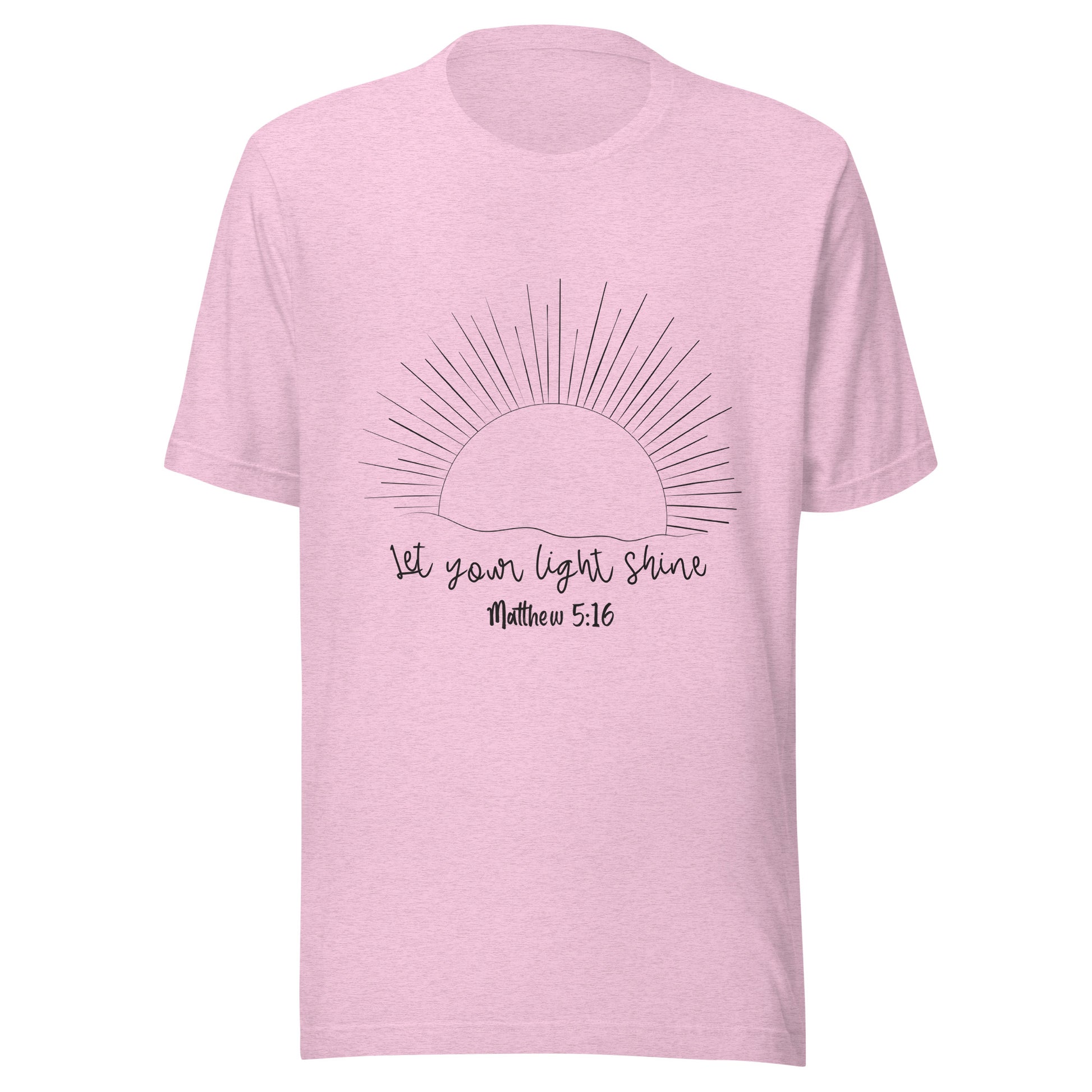 Heather lilac unisex short sleeve t-shirt that has a sun with many rays and underneath says 'Let your light shine', Matthew 5:16.