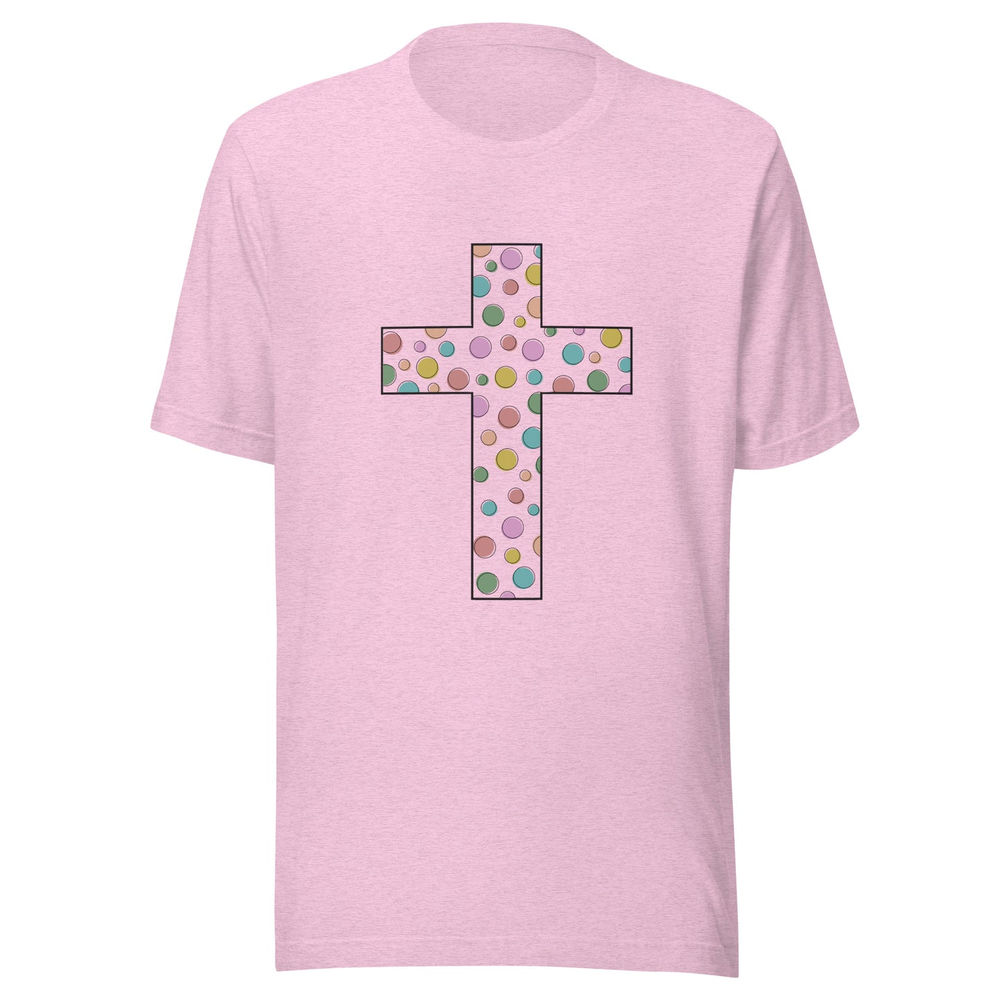 Heather lilac unisex short sleeve t-shirt that has a multi-colored polka dot cute cross on the front. 