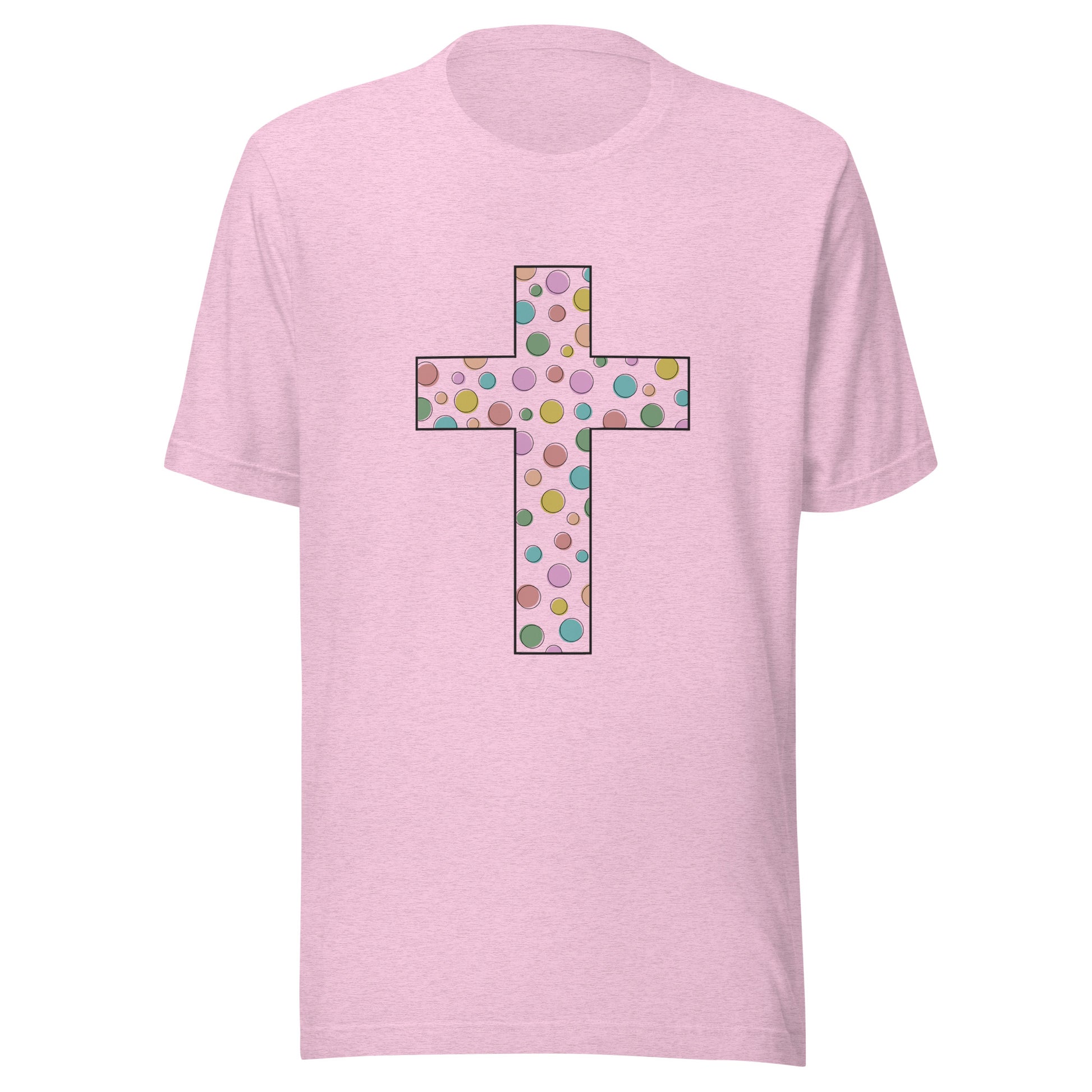 Heather lilac unisex short sleeve t-shirt that has a multi-colored polka dot cute cross on the front. 