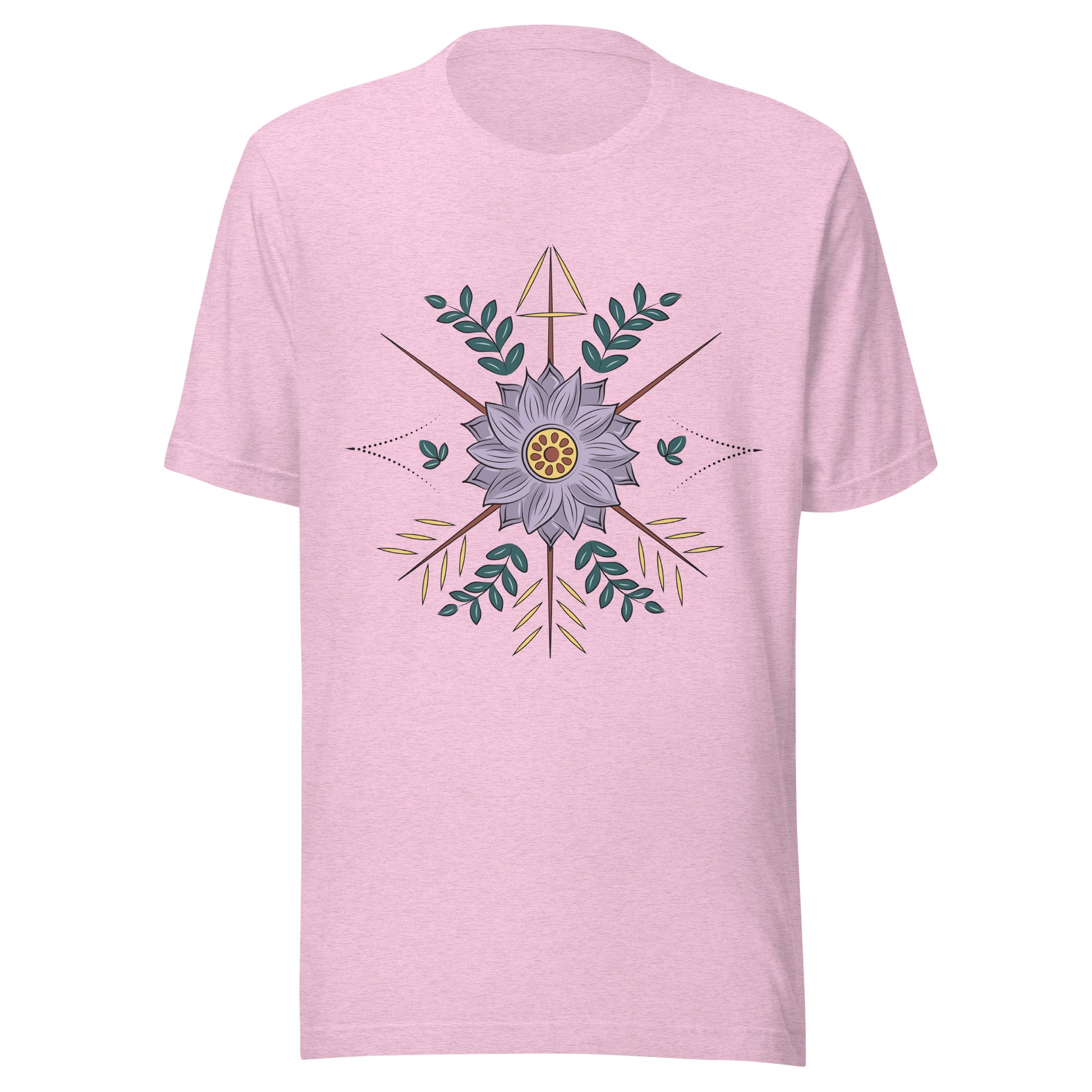 Heather prism lilac unisex short sleeve t-shirt with a purple flower with arrow surrounding it.