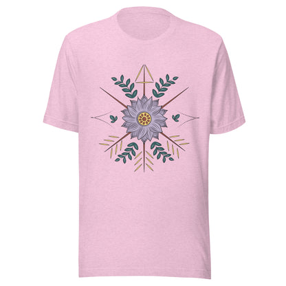 Heather prism lilac unisex short sleeve t-shirt with a purple flower with arrow surrounding it.