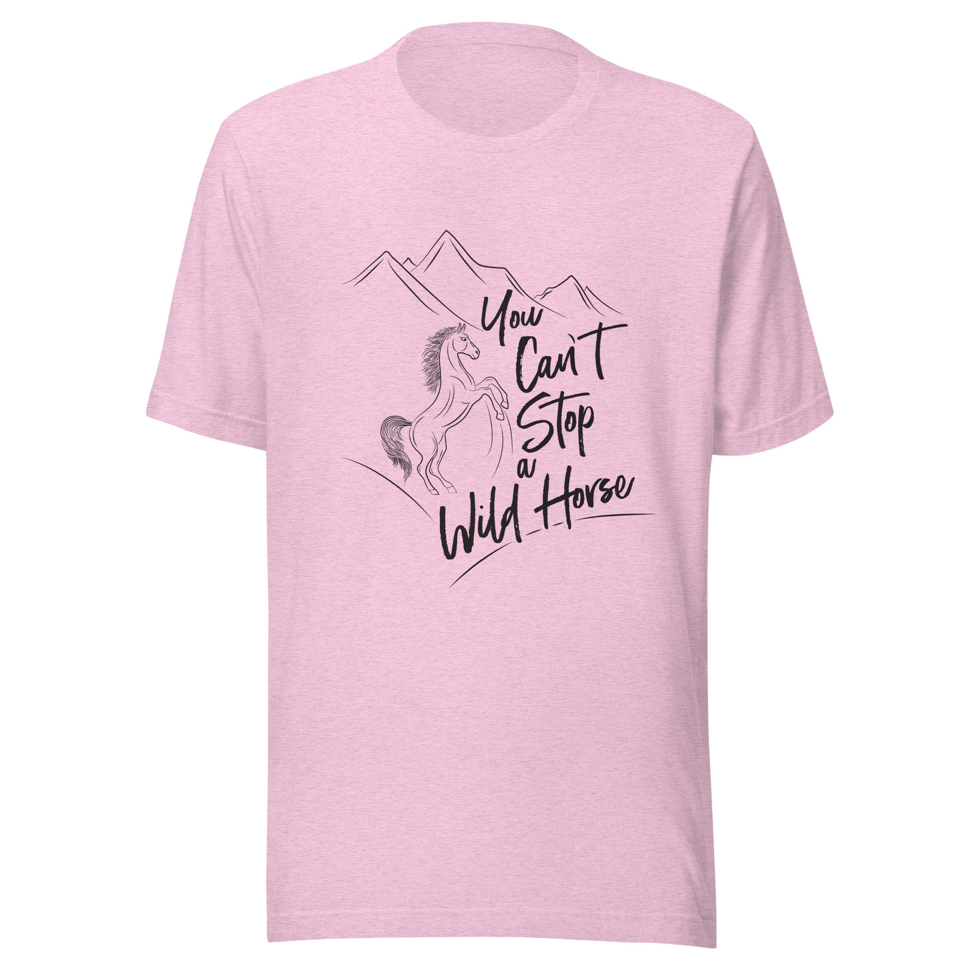 Heather prism lilac unisex short sleeve t-shirt that states 'You can't stop a wild horse' with a horse rearing up and mountains in the background.
