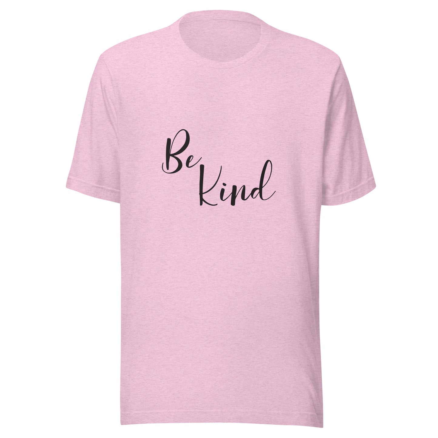 Heather prism lilac unisex short sleeve t-shirt that says 'Be Kind'.