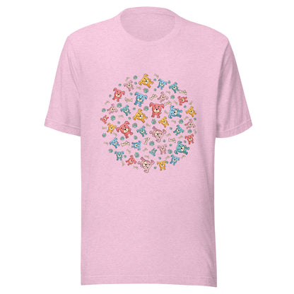 Heather prism lilac unisex short sleeve t-shirt with multi-colored cartoon puppies in a circle with paws and bones.