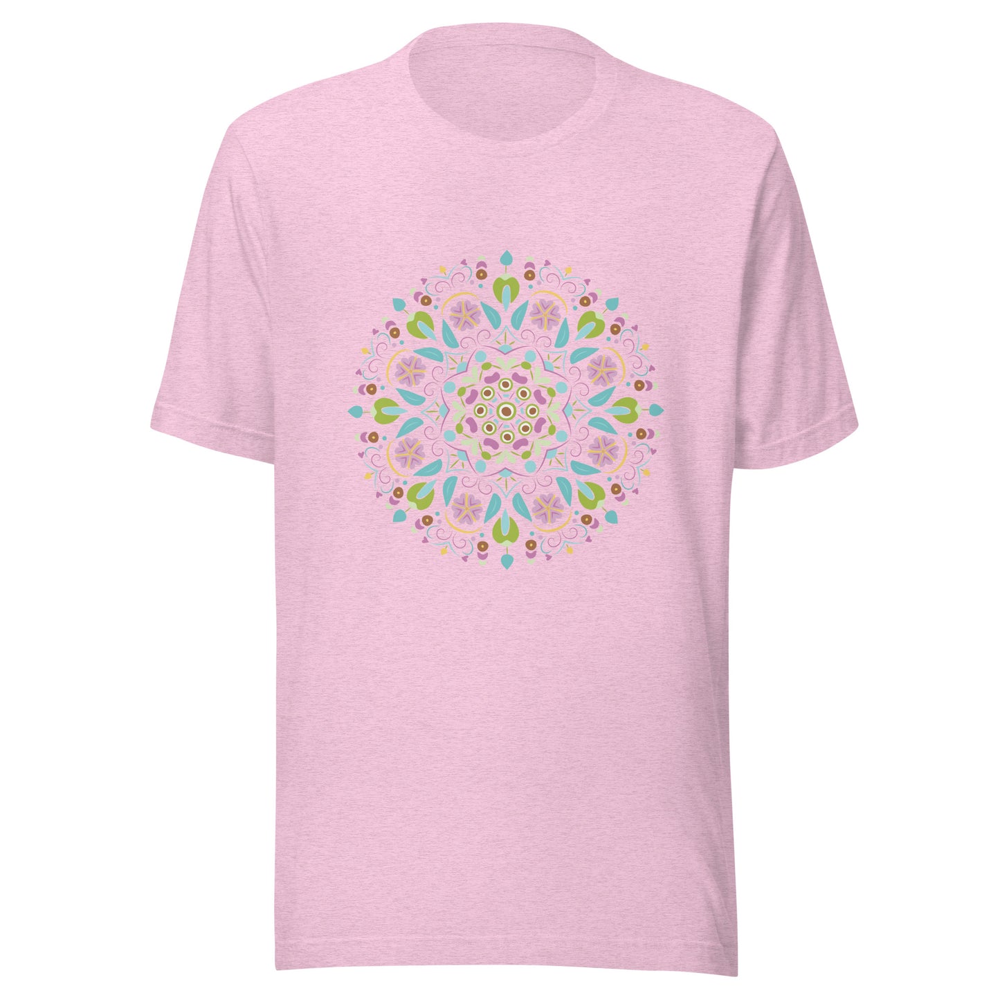 Heather prism lilac unisex short sleeve  t-shirt with a Scandanavian style mandala multi-colored.