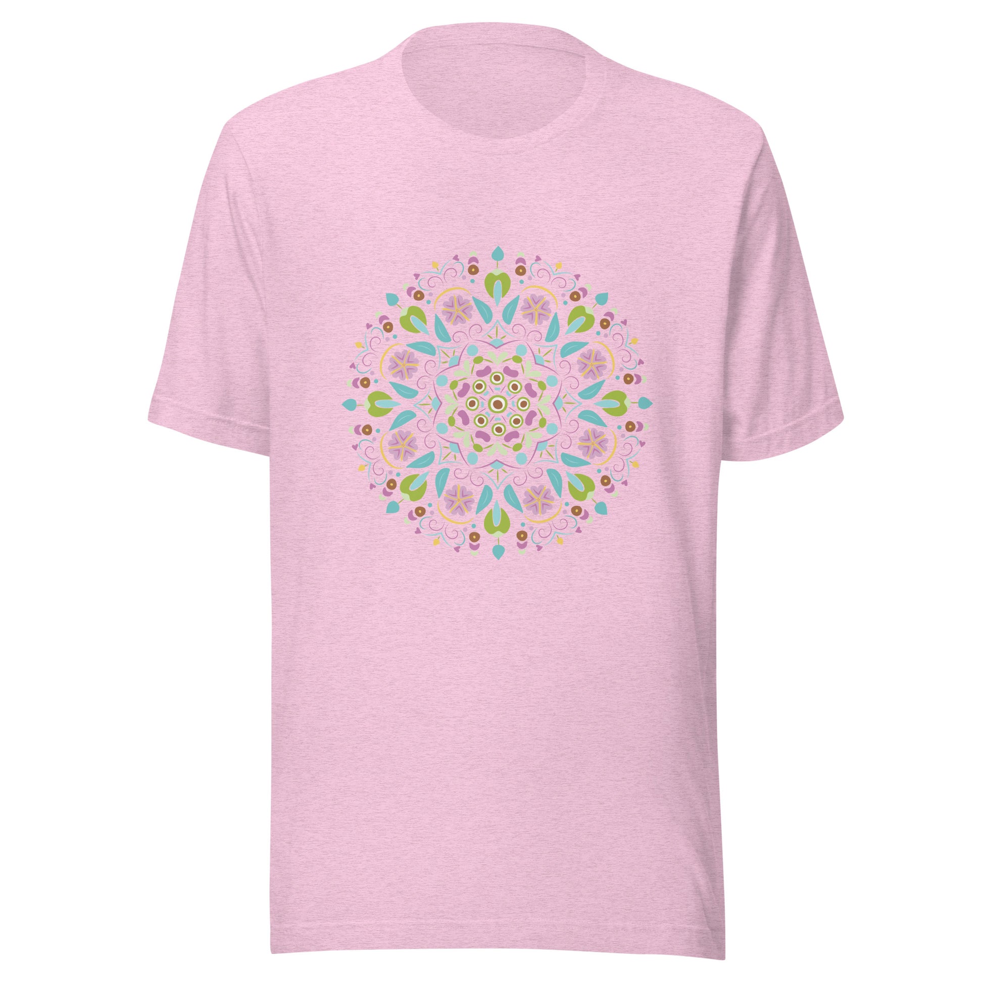 Heather prism lilac unisex short sleeve  t-shirt with a Scandanavian style mandala multi-colored.