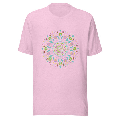 Heather prism lilac unisex short sleeve  t-shirt with a Scandanavian style mandala multi-colored.