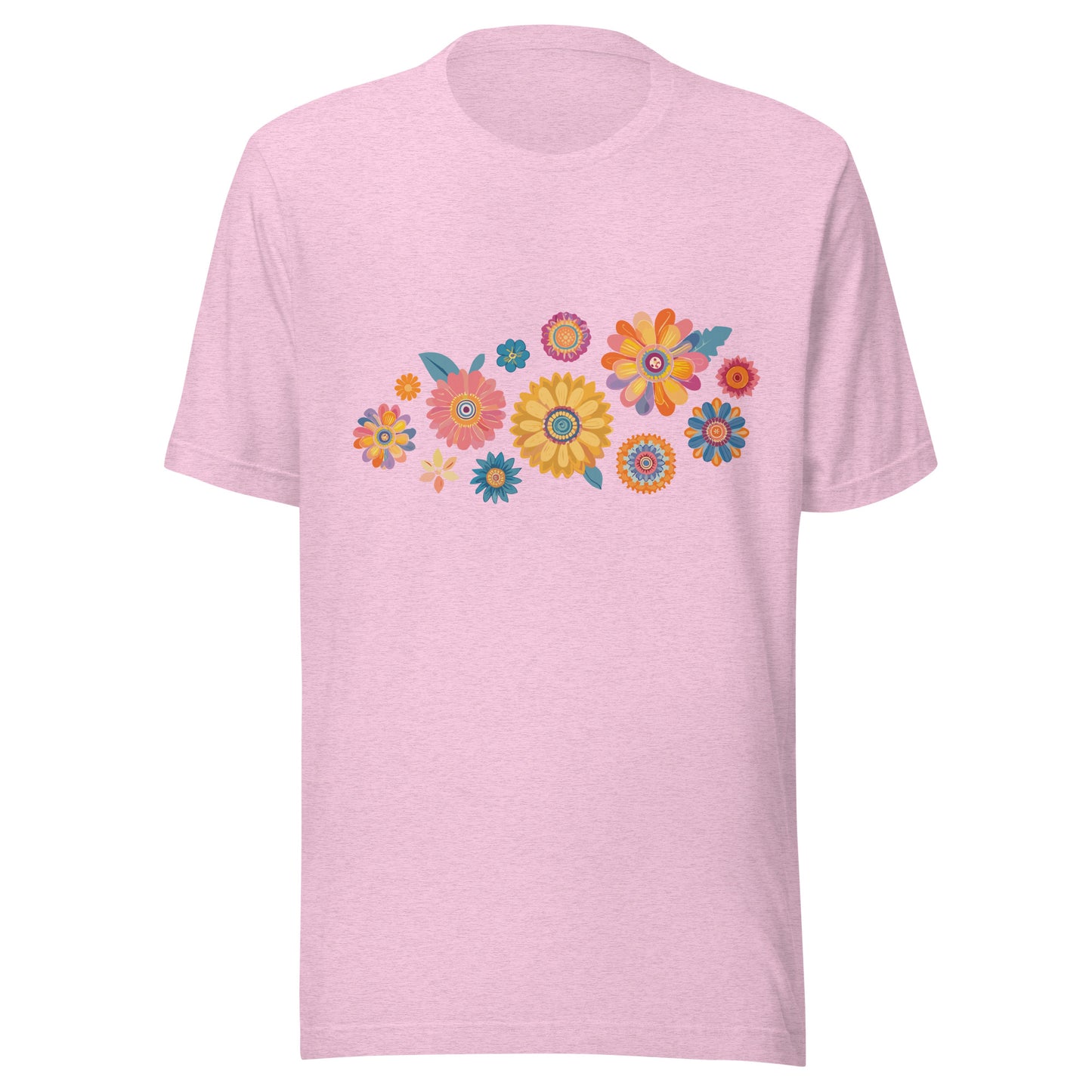 Heather prism lilac short sleeve unisex t-shirt with groovy retro flowers tossed on the front. 