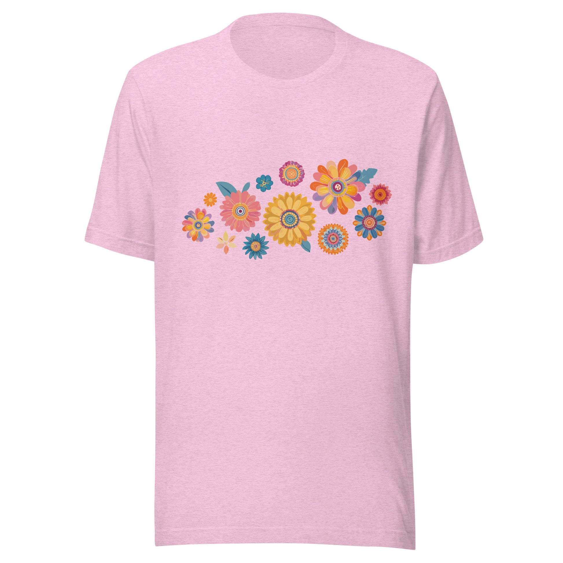 Heather prism lilac short sleeve unisex t-shirt with groovy retro flowers tossed on the front. 