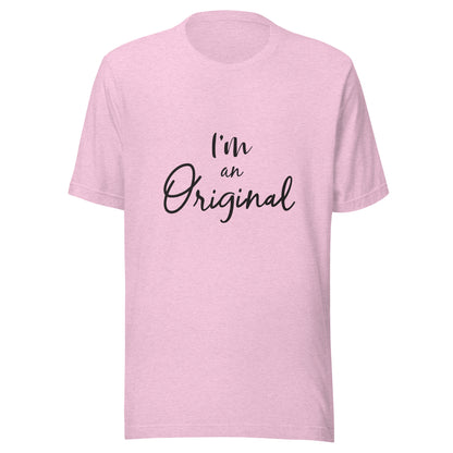 Heather prism lilac unisex short sleeve t-shirt that states 'I'm an Original'.