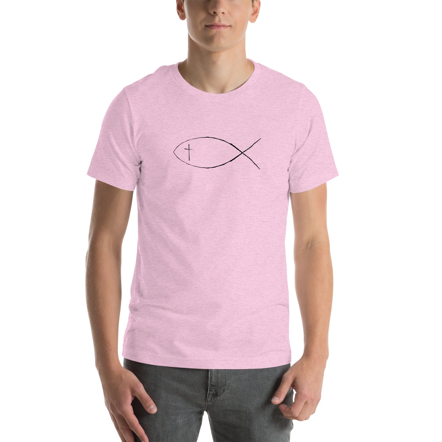 Heather prism lilac Unisex short sleeve t-shirt with Christan fish and cross. 