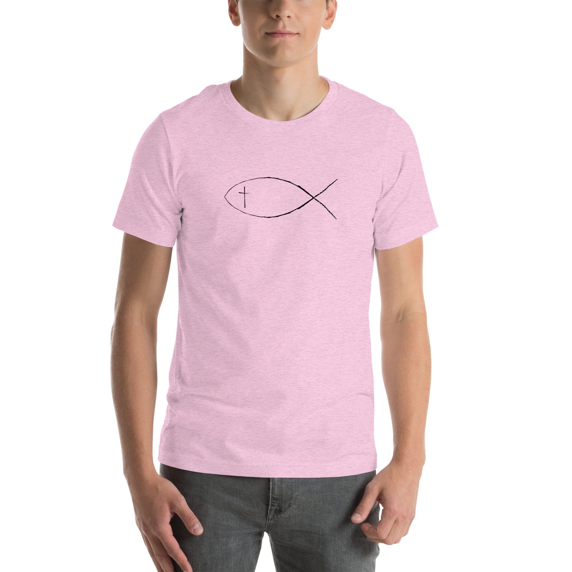 Heather prism lilac Unisex short sleeve t-shirt with Christan fish and cross. 