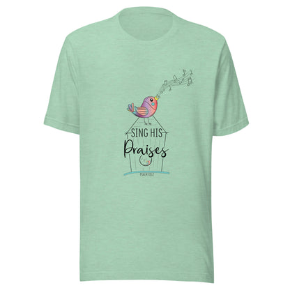Heather mint short sleeve unisex t-shirt with a multi-colored bird with musical notes on a black inked birdhouse that says Sing His Praises.