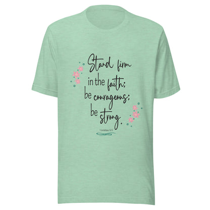 Heather mint unisex short sleeve tee that has 1 Corinthians 16:13 with six small pink flowers.