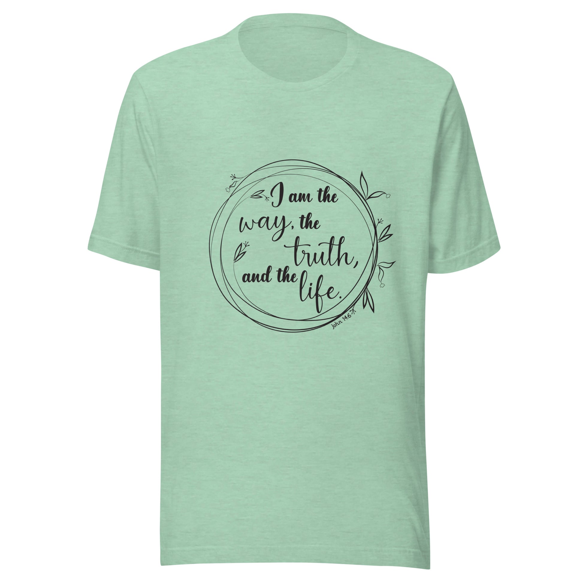 Heather mint unisex short sleeve t-shirt with John 14:6 scripture written in a viney circle.