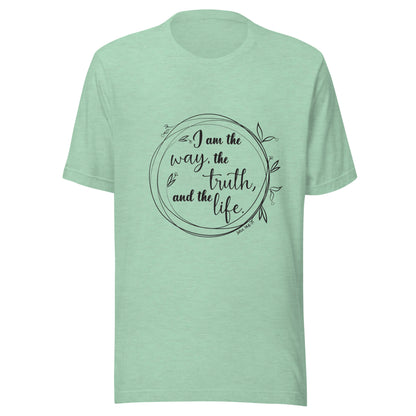 Heather mint unisex short sleeve t-shirt with John 14:6 scripture written in a viney circle.