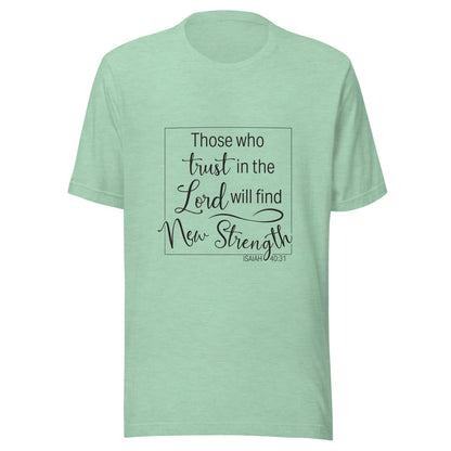 Heather mint unisex short sleeve t-shirt with Isaiah 40:31 scripture written in a square.
