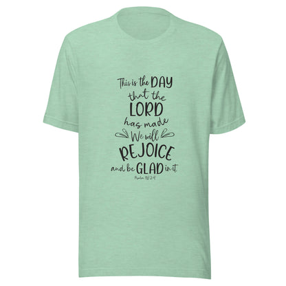 Heather mint unisex short sleeve t-shirt with Psalm 118:24 scripture with a vine up one side of the words.