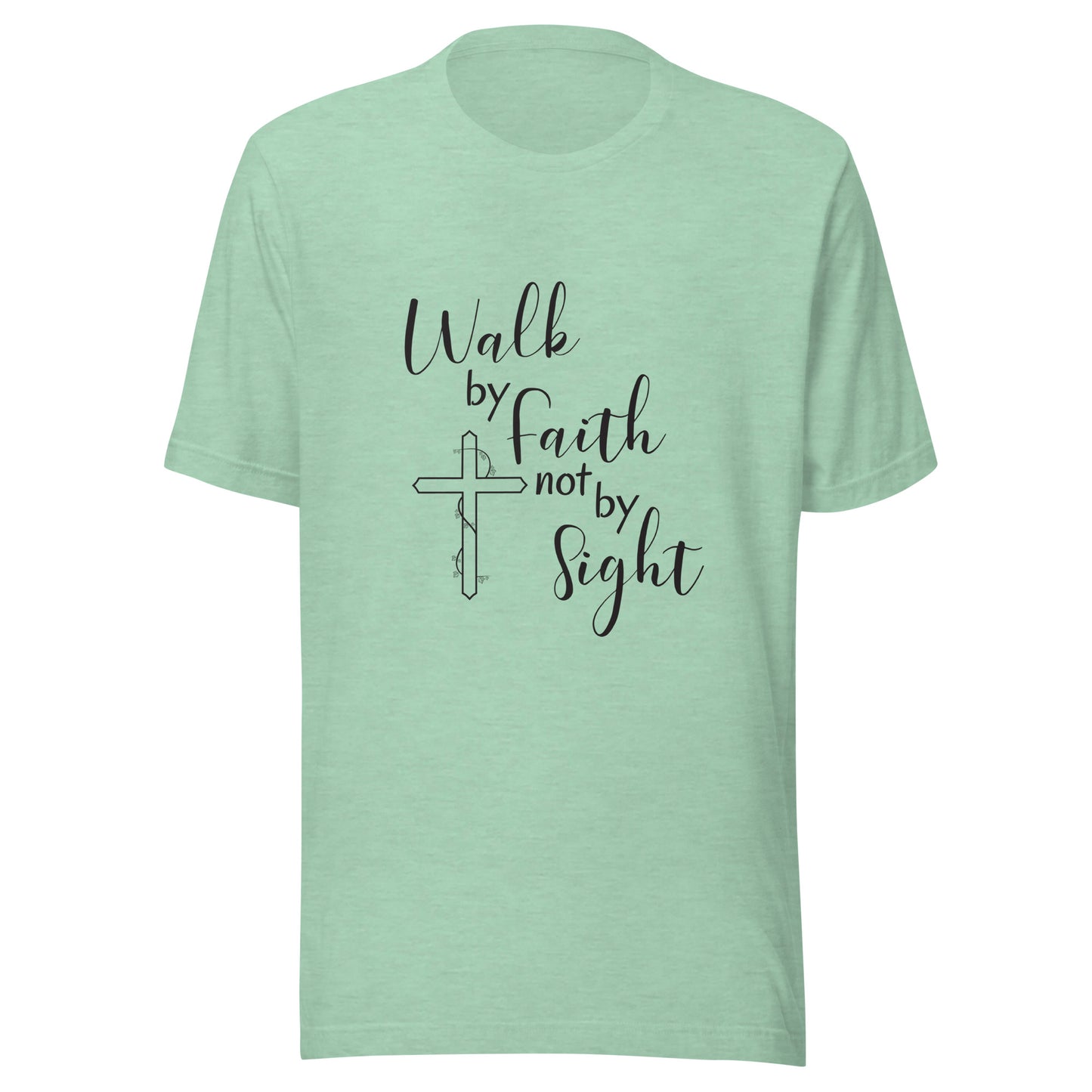 Heather prism mint unisex short sleeve t-shirt that says Walk by faith not by sight and has a cross with ivy. 