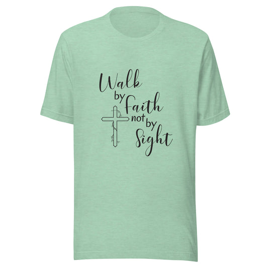 Heather prism mint unisex short sleeve t-shirt that says Walk by faith not by sight and has a cross with ivy. 