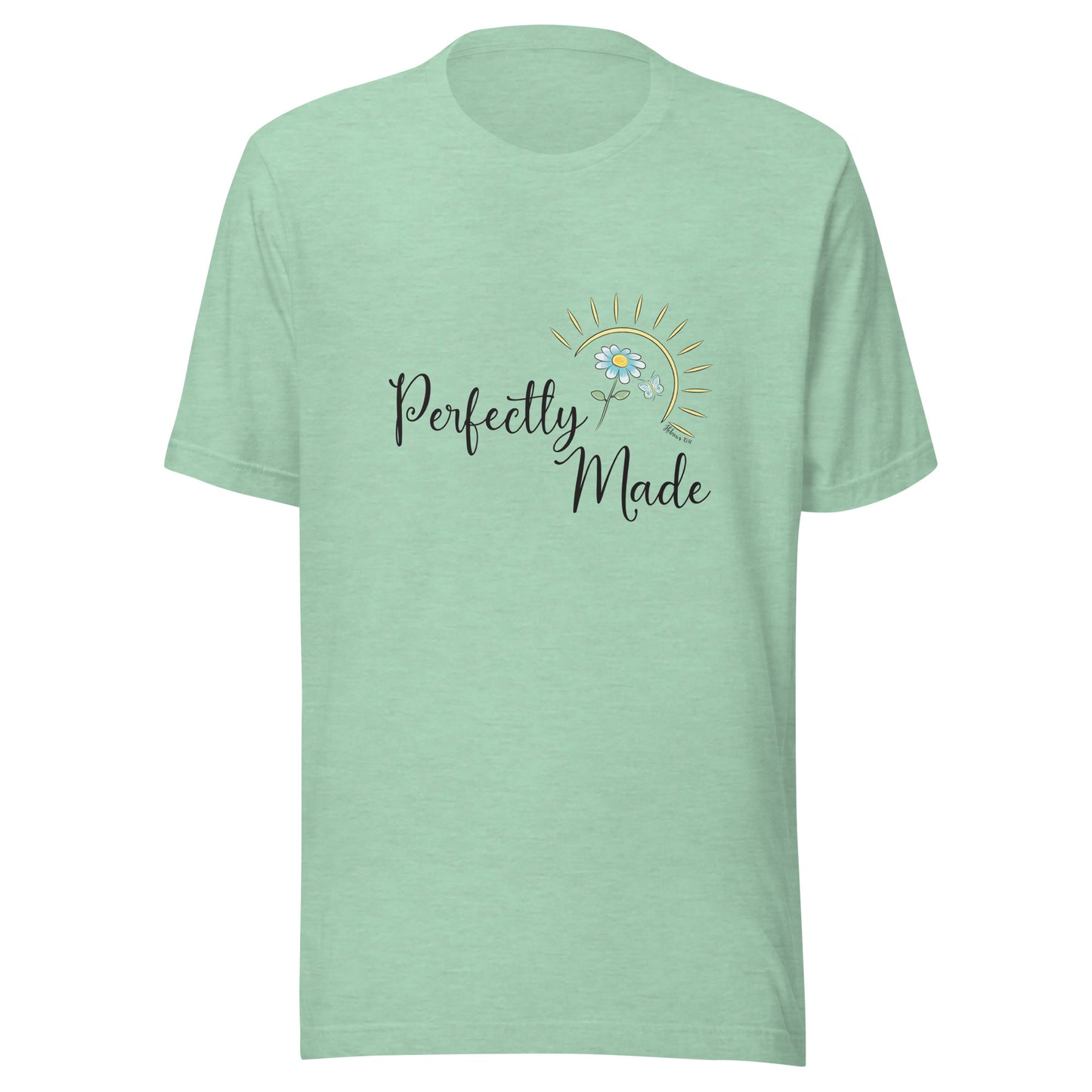 Heather prism mint unisex short sleeve t-shirt that says Perfectly Made with a flower butterfly and sun.
