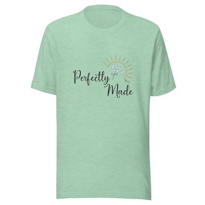 Heather prism mint unisex short sleeve t-shirt that says Perfectly Made with a flower butterfly and sun.