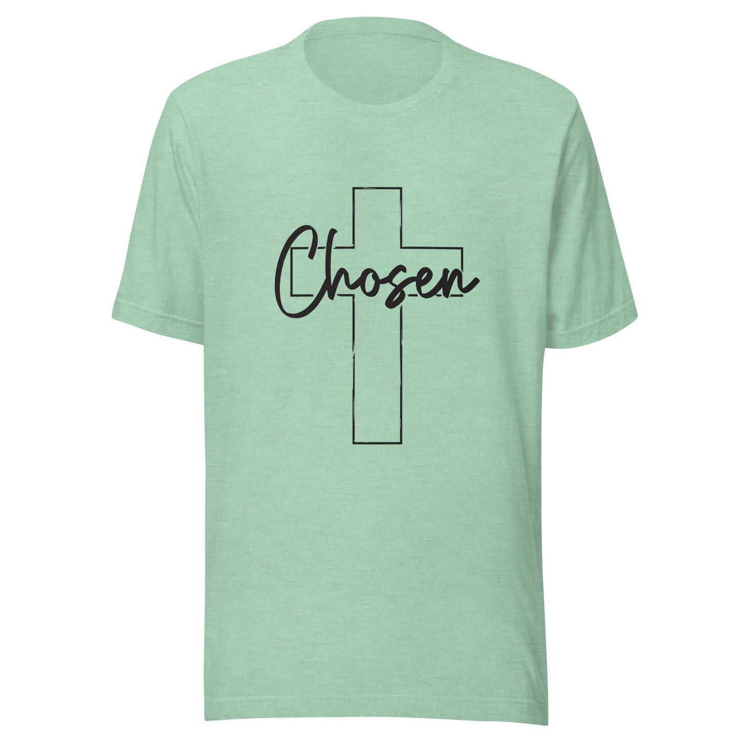 Heather prism mint unisex short sleeve t-shirt that has a Christian cross and has the word chosen acrossed it. 