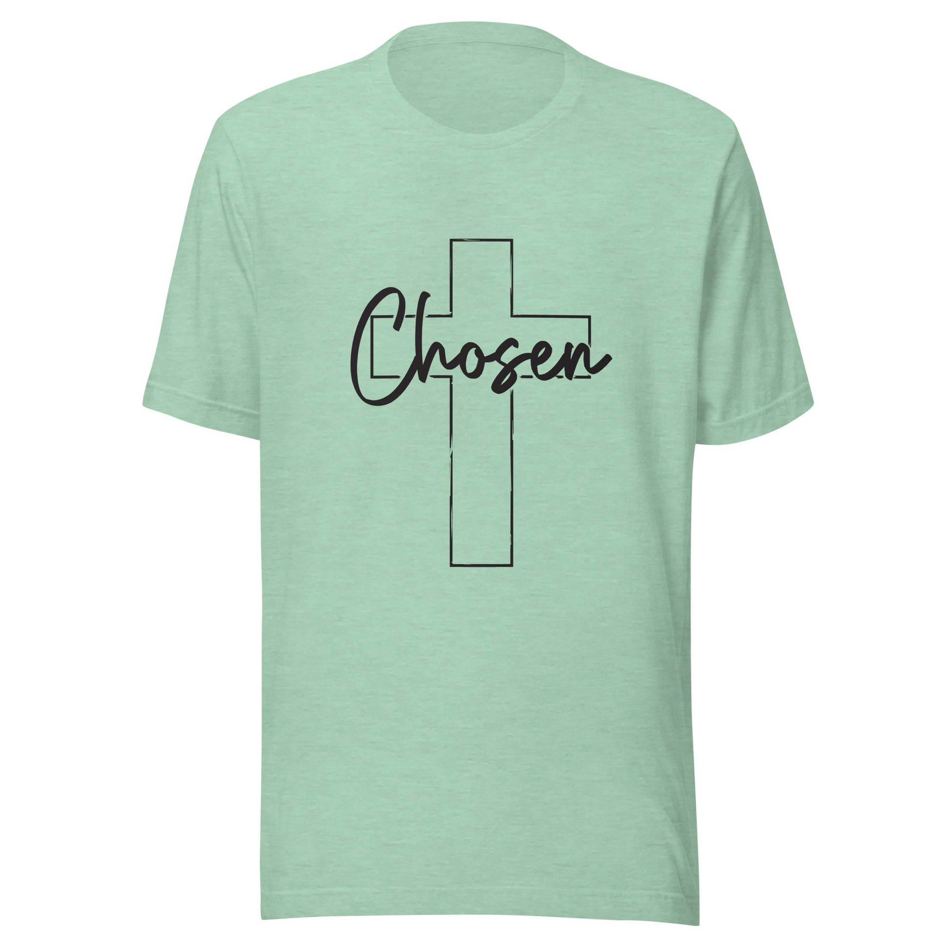 Heather prism mint unisex short sleeve t-shirt that has a Christian cross and has the word chosen acrossed it. 