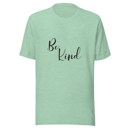 Heather prism mint unisex short sleeve t-shirt that says 'Be Kind'.