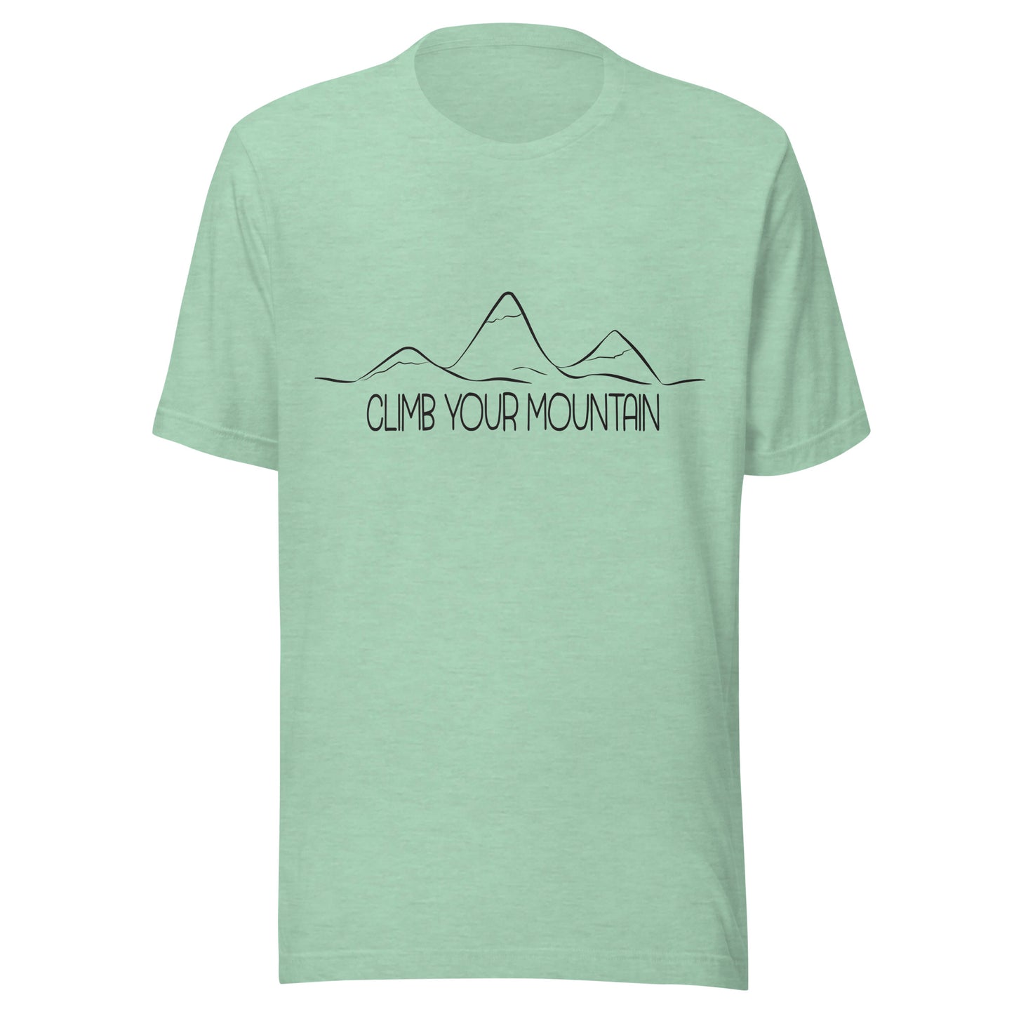Heather prism mint unisex short sleeve t-shirt that says 'Climb your mountain', with mountains above the words. 