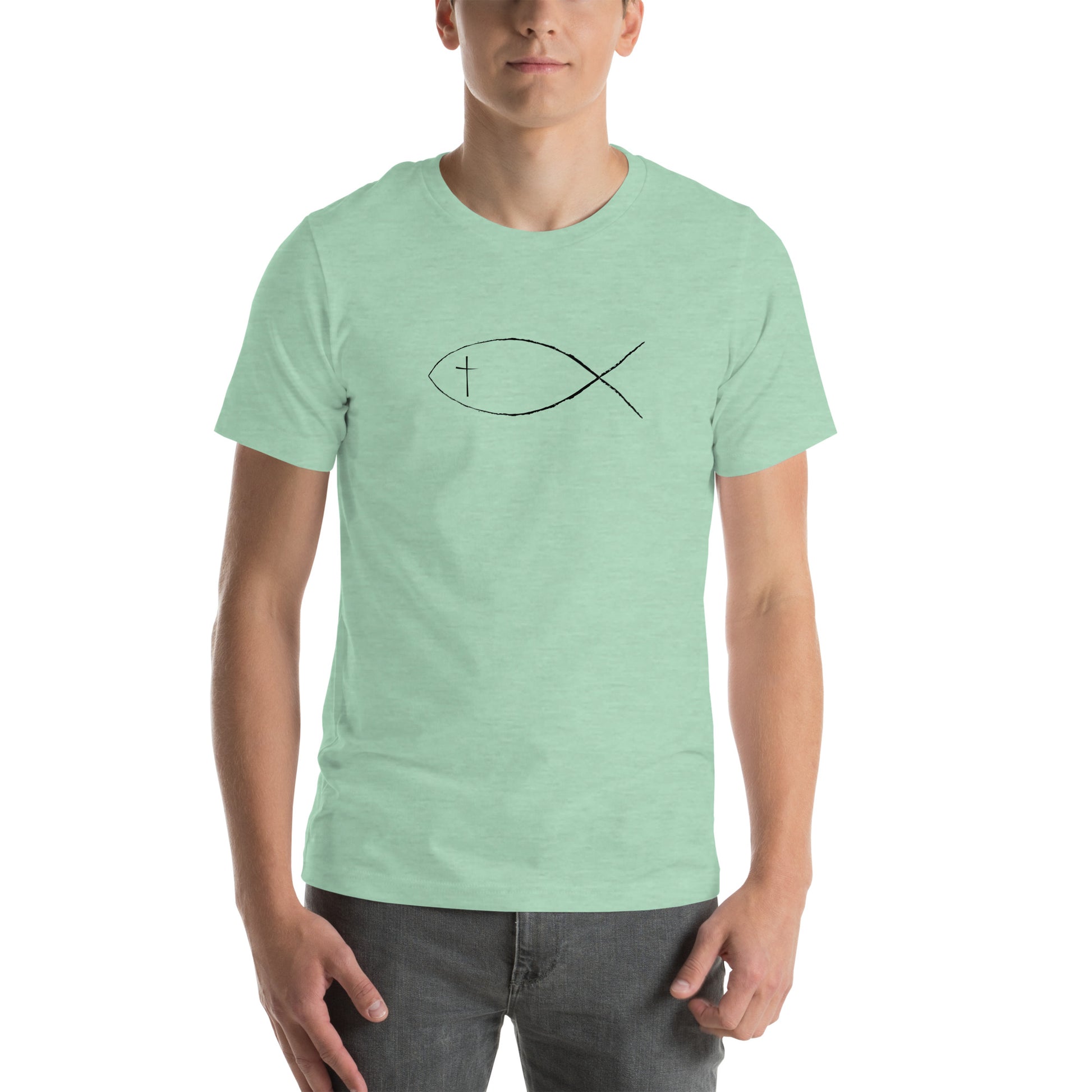Heather prism mint Unisex short sleeve t-shirt with Christan fish and cross. 