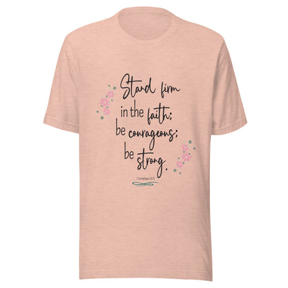 Heather peach unisex short sleeve tee that has 1 Corinthians 16:13 with six small pink flowers.