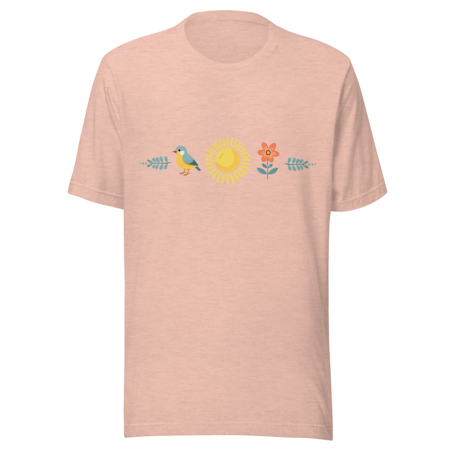 Heather prism peach unisex t-shirt with a sun in the middle with a bird on one side and a flower on the other.