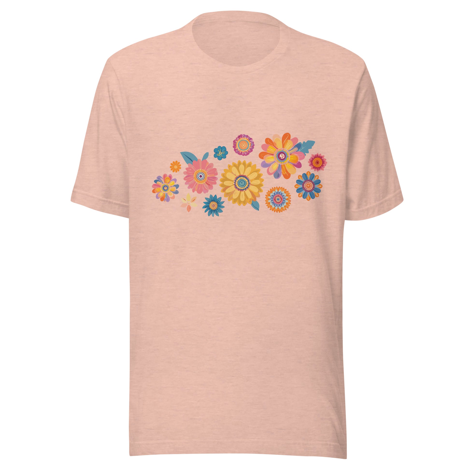 Heather prism peach short sleeve unisex t-shirt with groovy retro flowers tossed on the front. 