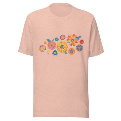 Heather prism peach short sleeve unisex t-shirt with groovy retro flowers tossed on the front. 