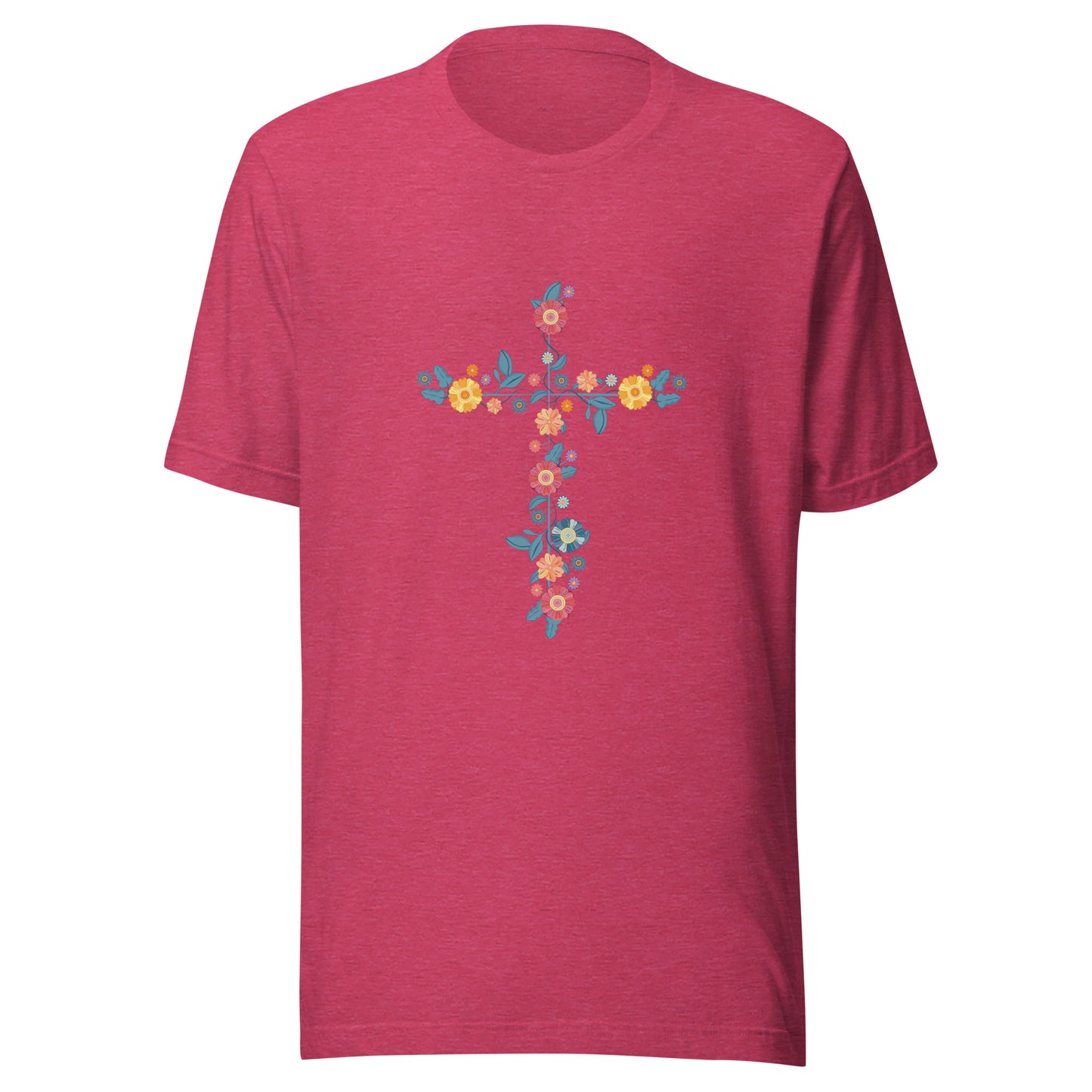 Heather raspberry unisex short sleeve t-shirt that has a multi-colored delicate floral cross.