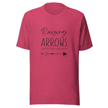 Heather raspberry  unisex short sleeve t-shirt that says Raising arrows and Psalm 127:3 written above a single arrow.