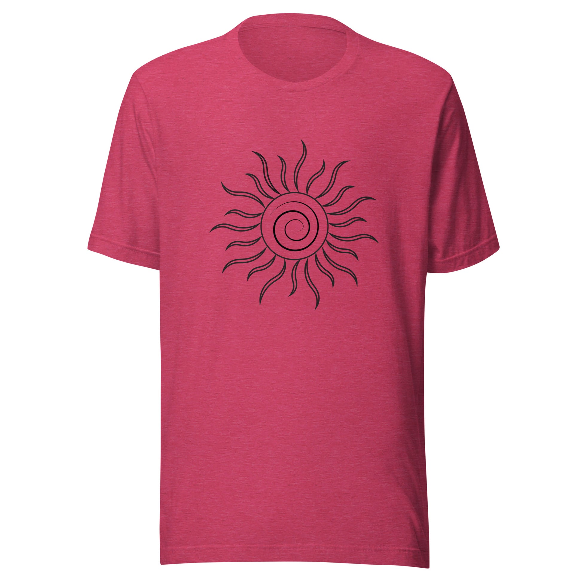 Heather raspberry unisex short sleeve t-shirt with spiral sun and black fiery looking rays all black ink.