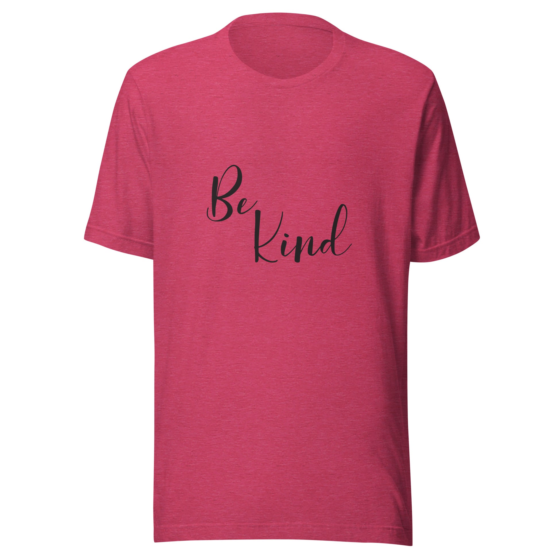 Heather raspberry unisex short sleeve t-shirt that says 'Be Kind'.