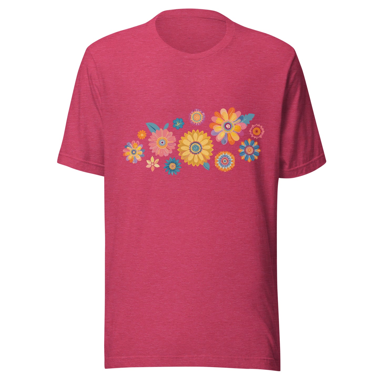 Heather raspberry short sleeve unisex t-shirt with groovy retro flowers tossed on the front. 