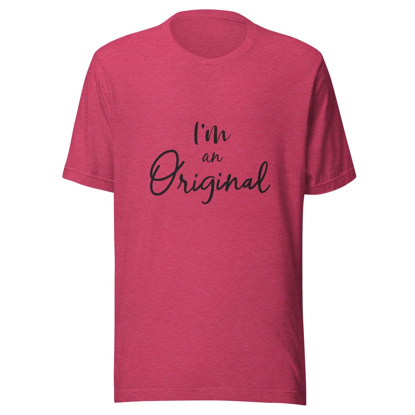 Heather raspberry unisex short sleeve t-shirt that states 'I'm an Original'.