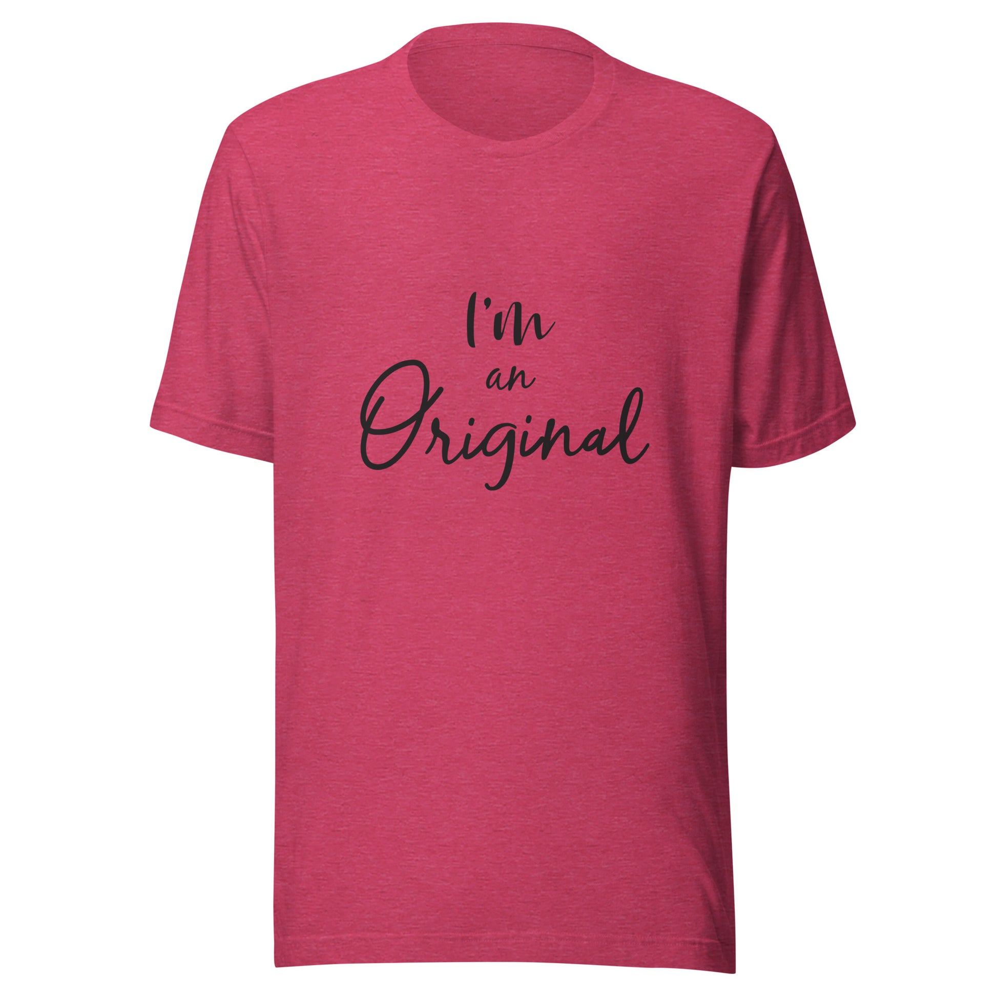Heather raspberry unisex short sleeve t-shirt that states 'I'm an Original'.