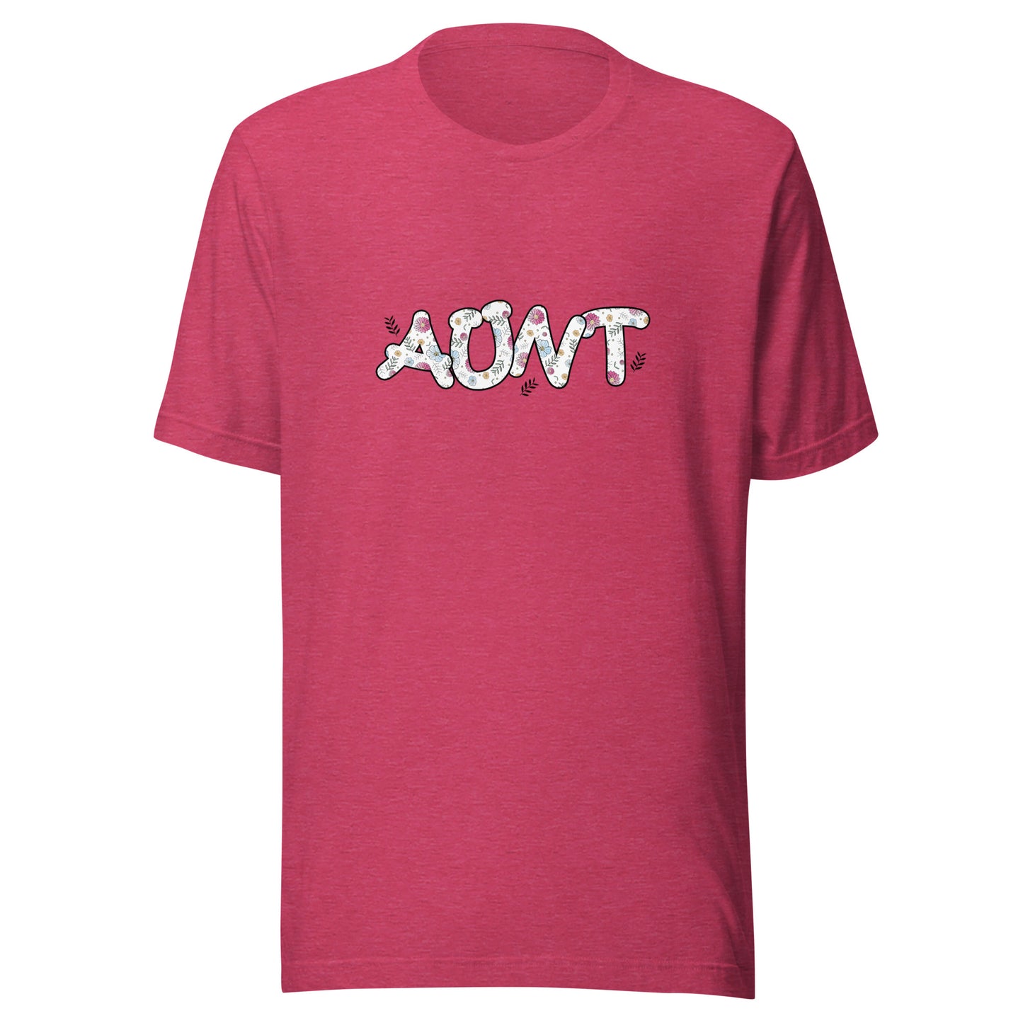 Heather raspberry short sleeve unisex t-shirt that says Aunt on the front written in cute font with flowers inside each letter. 