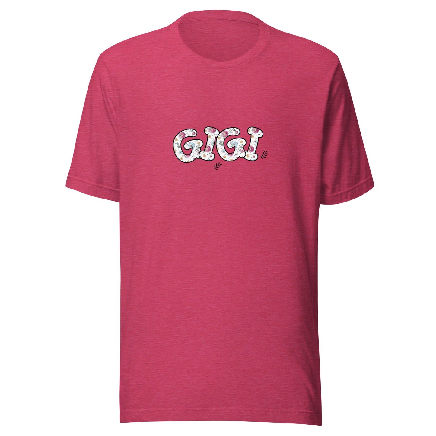 Heather raspberry short sleeve unisex t-shirt that says Gigi on the front written in cute font with flowers inside each letter. 