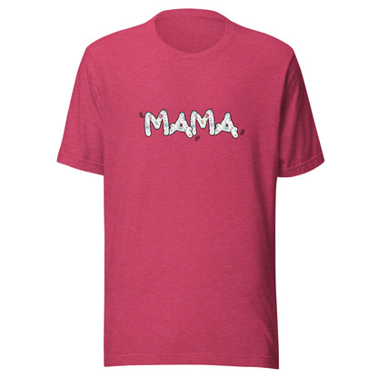 Heather raspberry short sleeve unisex t-shirt that says Mama on the front written in cute font with flowers inside each letter. 